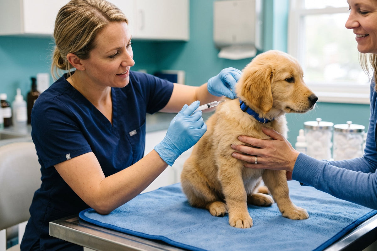 Veterinaria vacunando a un cachorro mientras su tutora lo acompaña