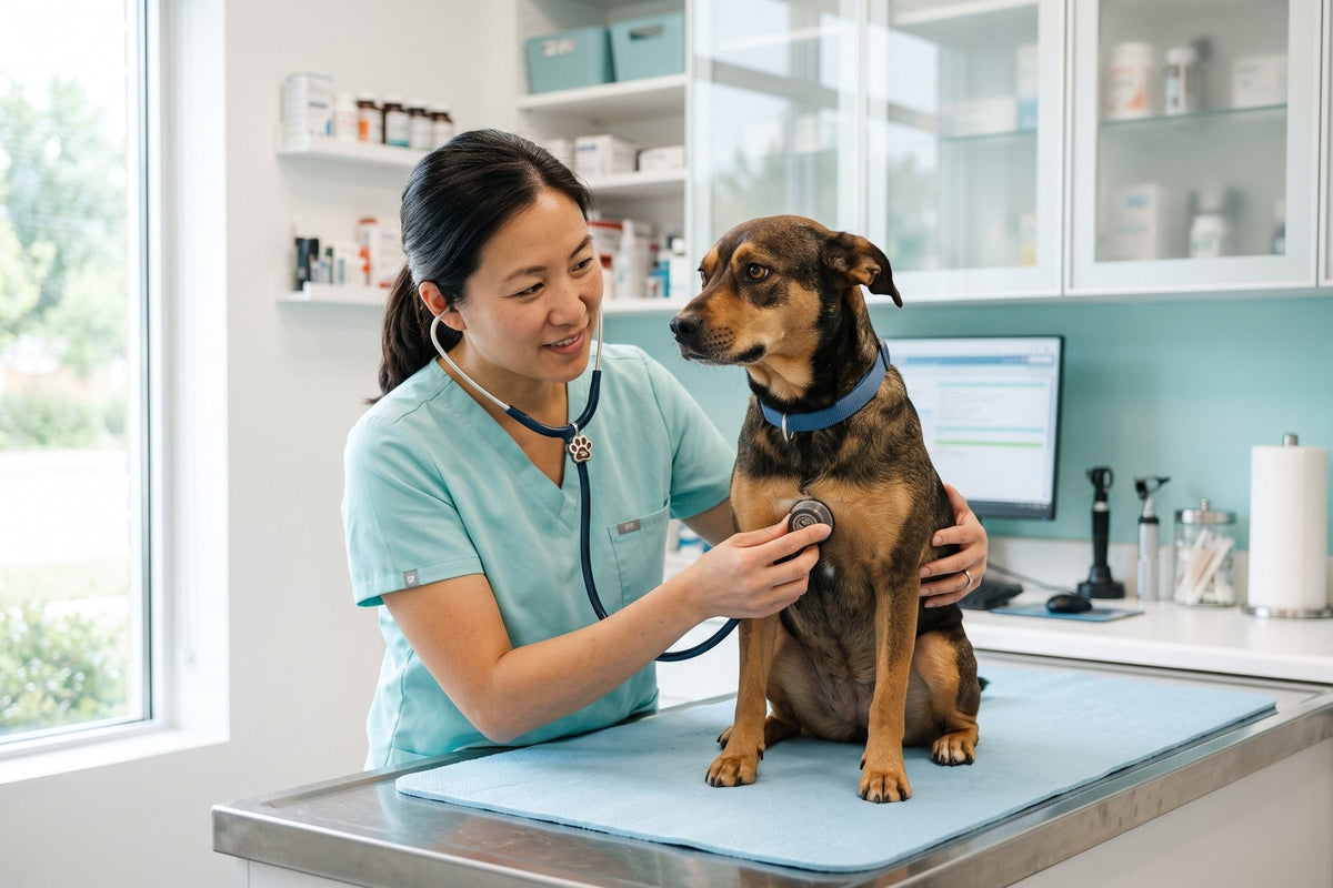Veterinaria examinando con estetoscopio a una perrita en una clínica
