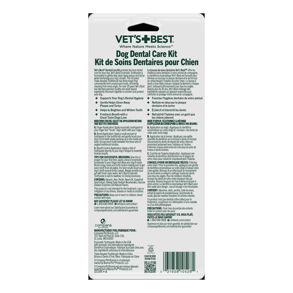 Kit Dental para Perros Vet's Best – Pasta Enzimática y Cepillo Triple