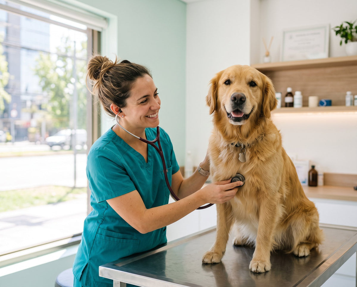 Medicina Veterinaria PawsPet: veterinaria examinando a un golden retriever en la consulta