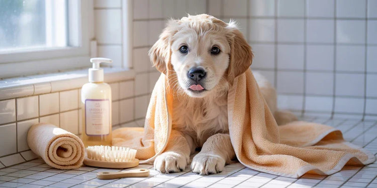 Cachorro con toalla y productos de higiene